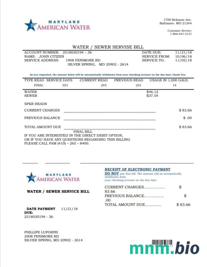 USA Maryland American woda rachunek za media szablon w formacie Word i PDF